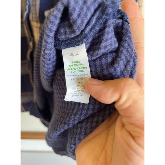 AERIE XXL BLue White Plaid Button Up Collared Shirt Oversized Brushed Cotton - Picture 7 of 8